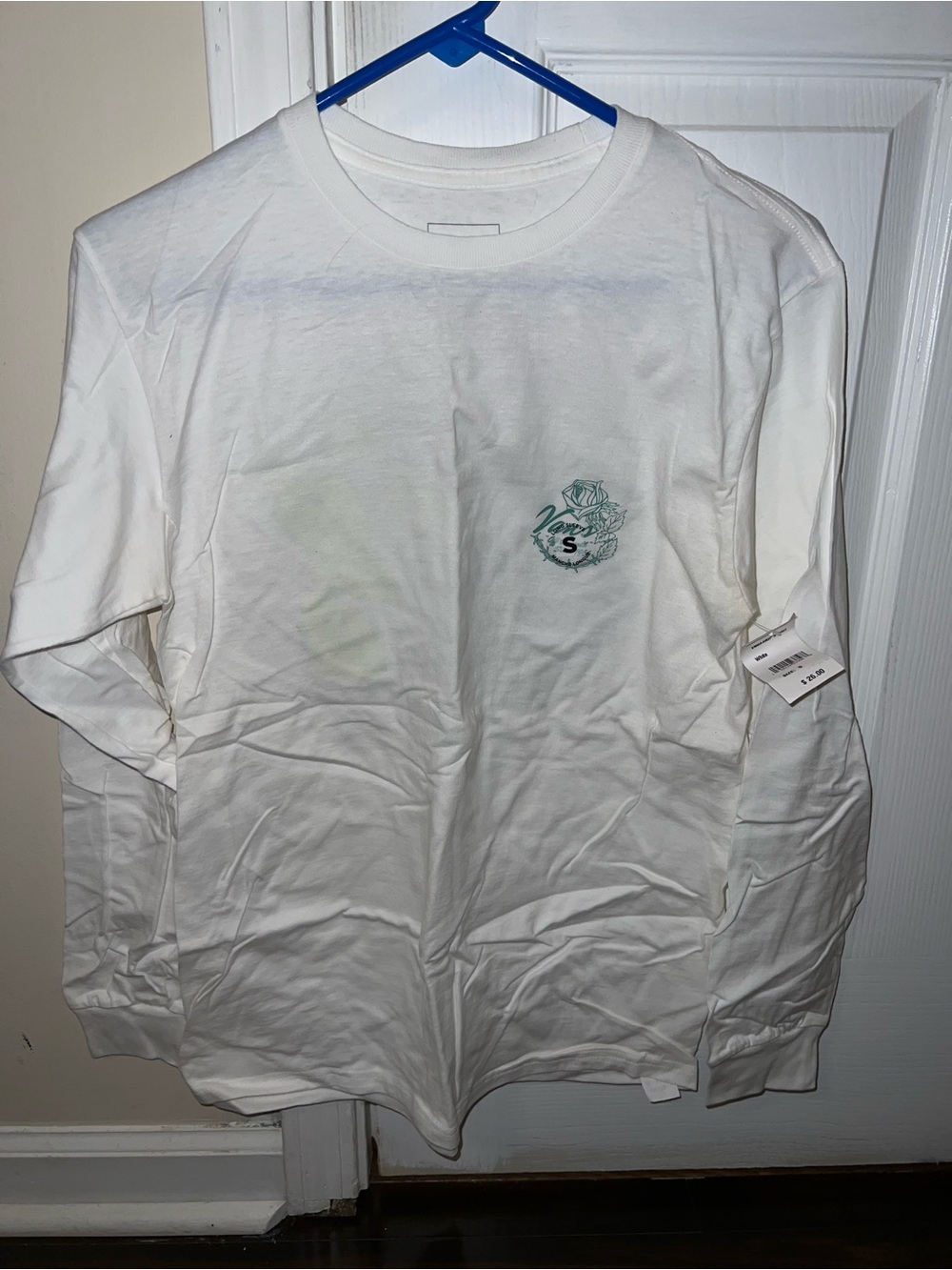 Vans White Long Sleeve Crew with Small Green Chest Graphic